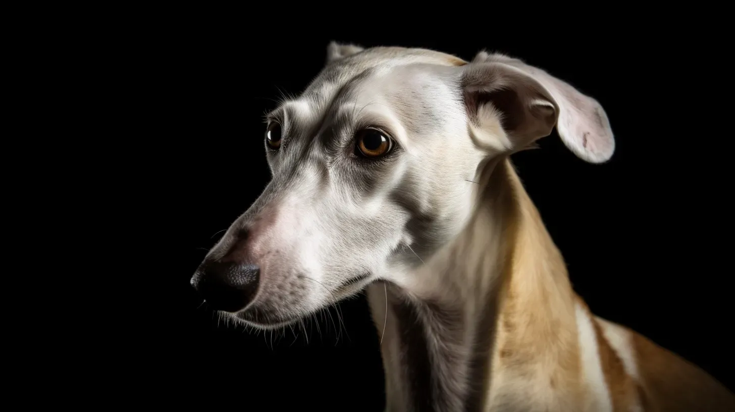 Ein weißer Galgo Español vor einem schwarzen Hintergrund.
